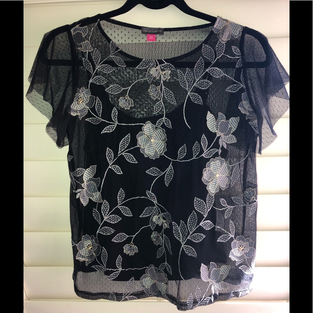 Vince Camuto Black Sheer Floral Top